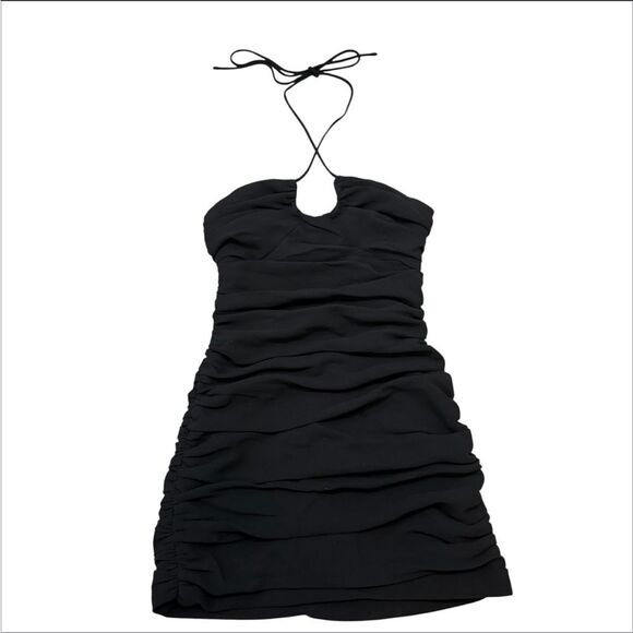 ZARA Black Halter Bodycon Ruched Dress Size S - Picture 1 of 10